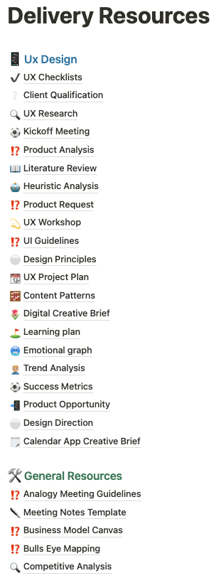 A delivery-resource index that collects reusable starting points for common team activities.