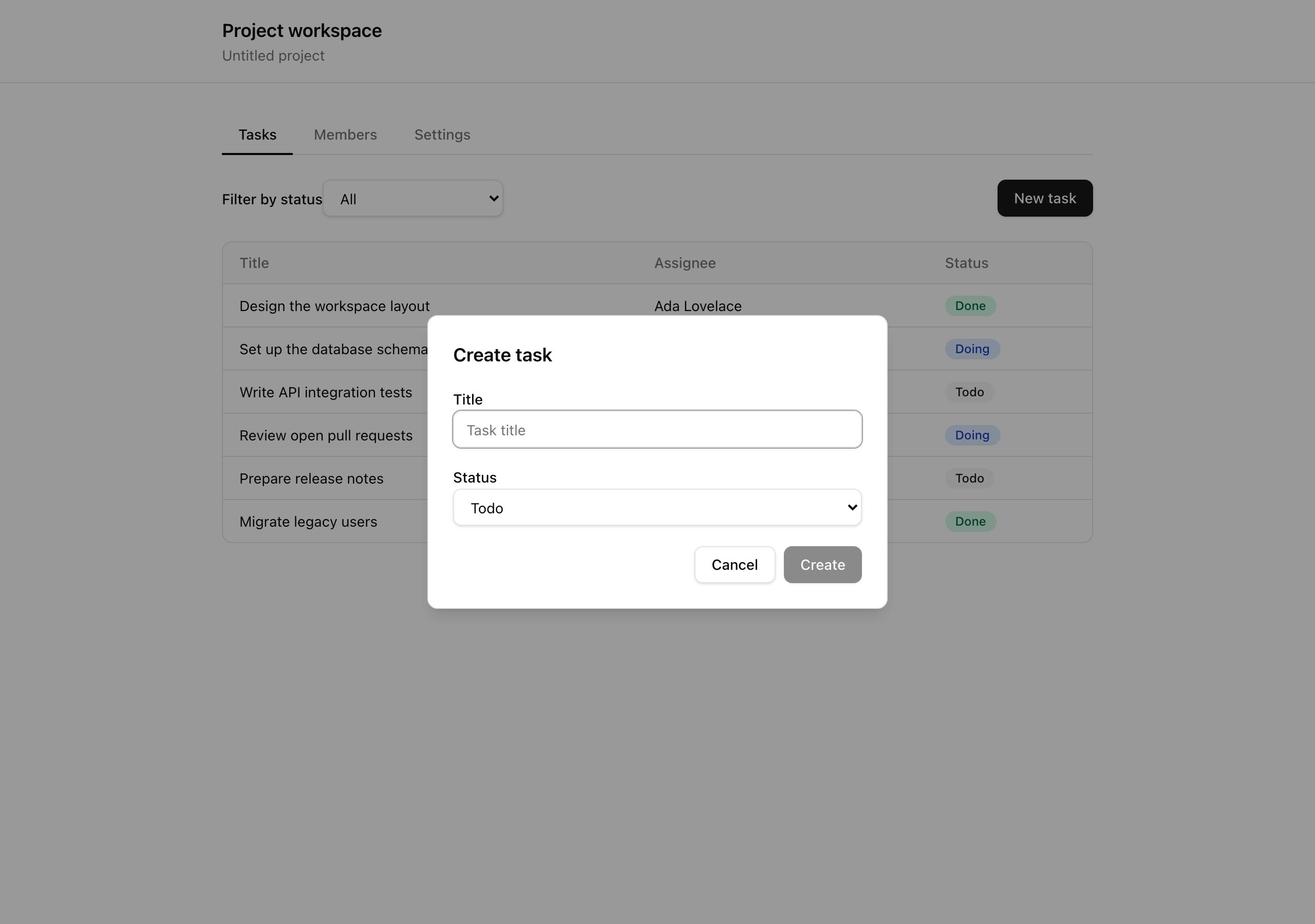 Arm A create-task dialog. It opens and closes, but does not restore focus.