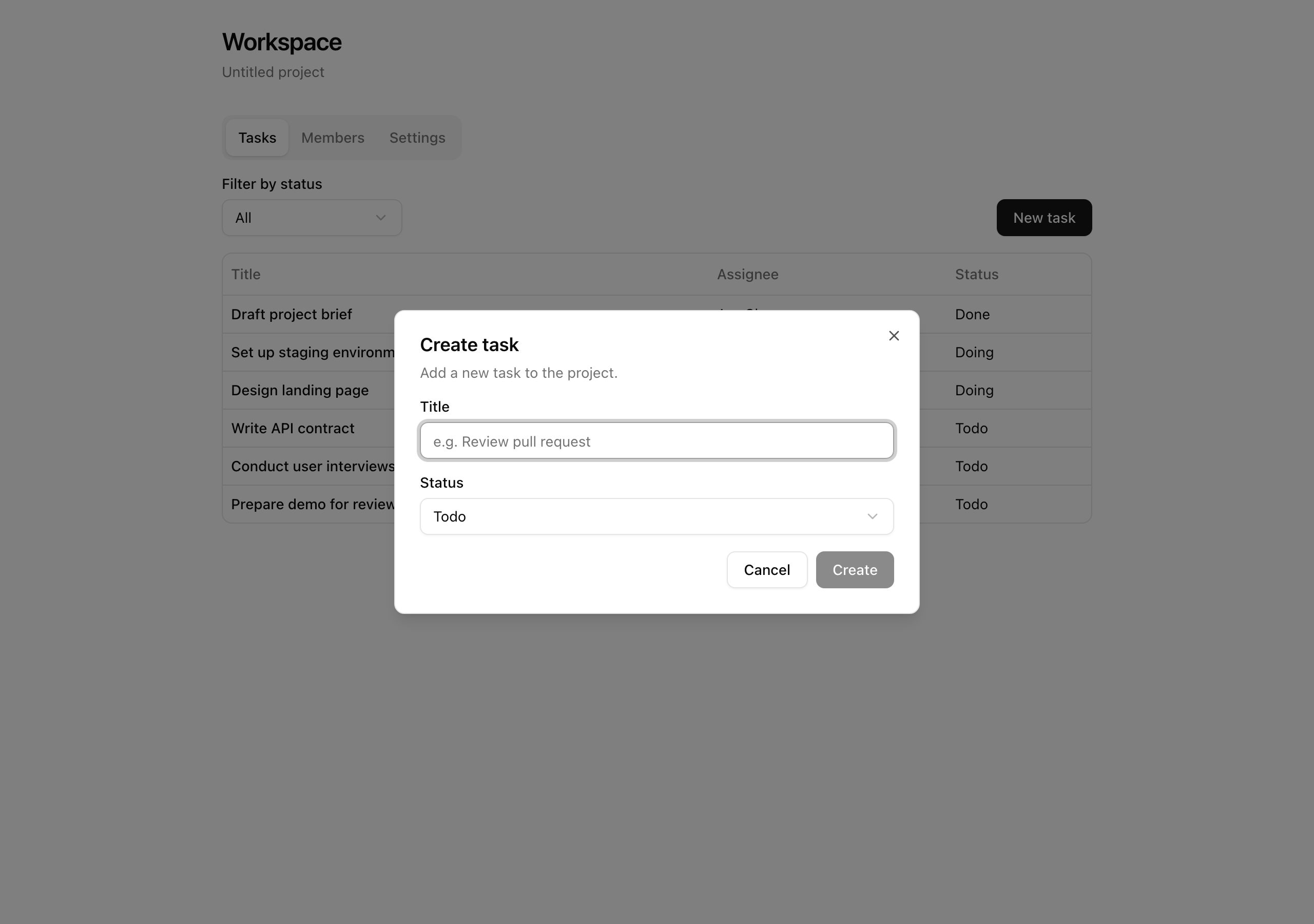 Arm B create-task dialog. Its recreated component can return focus, but the application bypasses that behaviour.