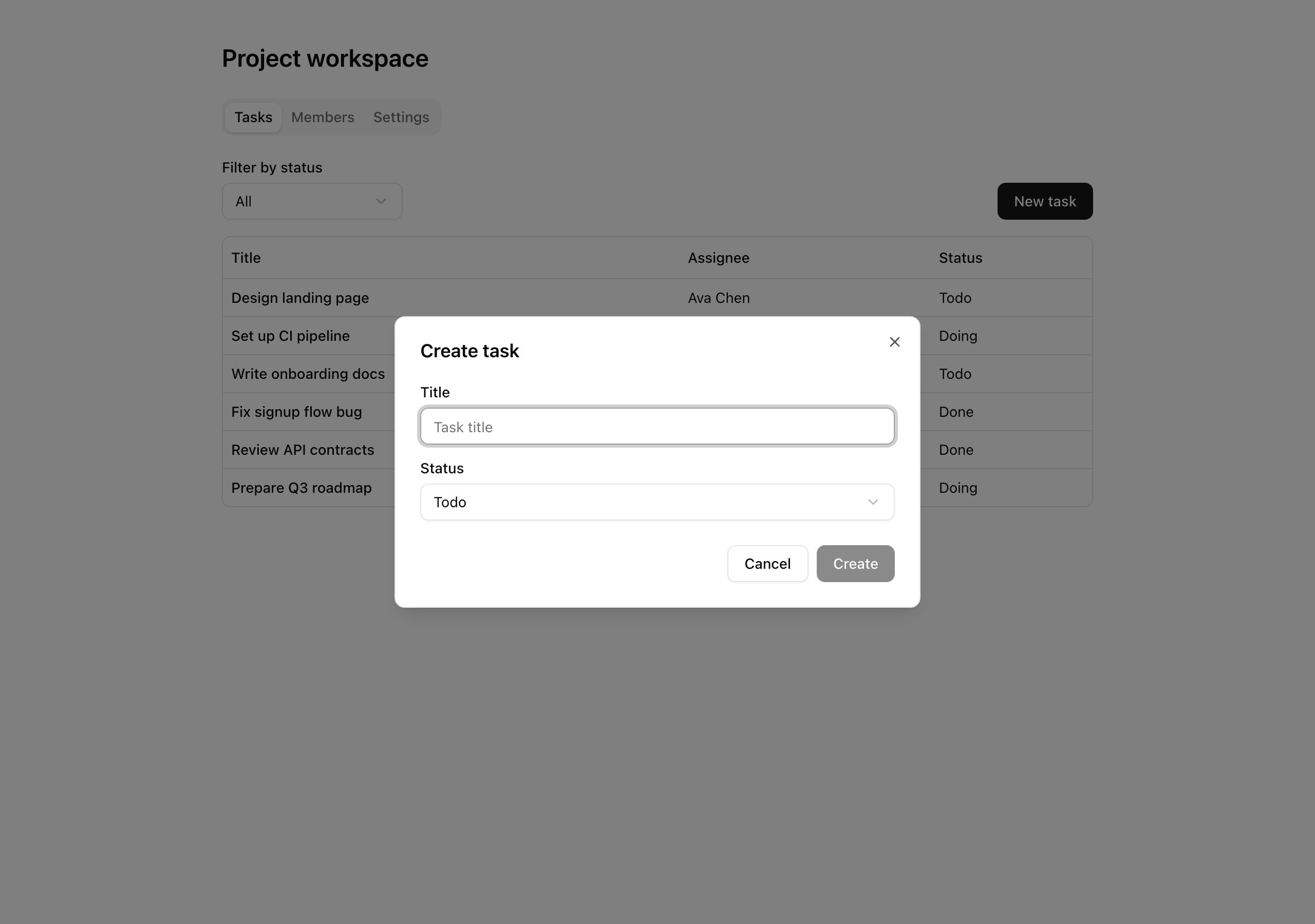 Arm C create-task dialog. The copied component can return focus, but the application does not connect its opening button.