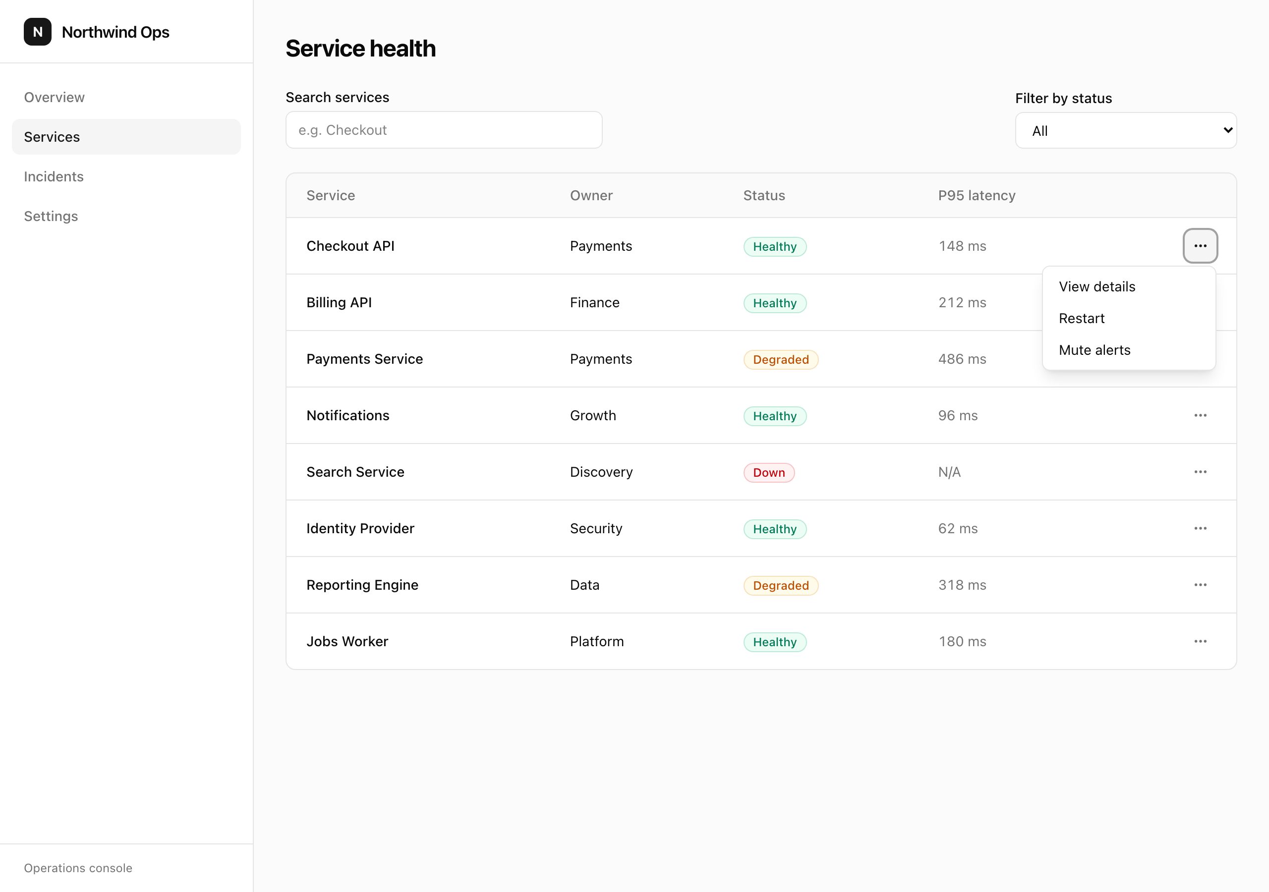 Arm A services table with its generated row-action menu open.