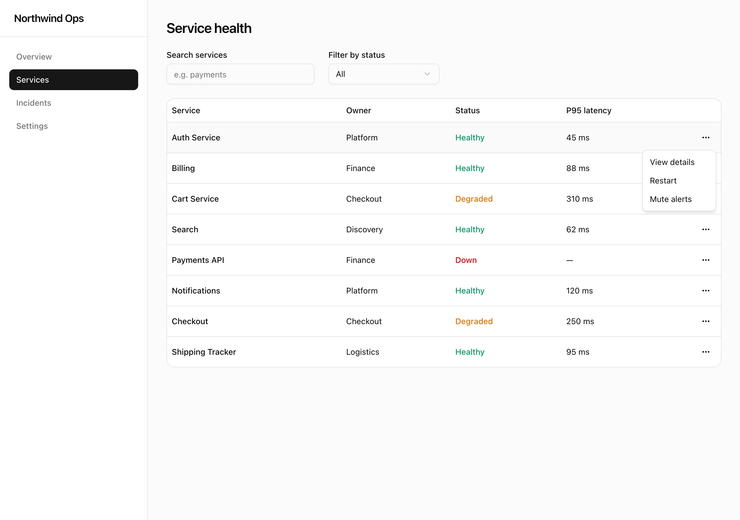 Arm C services table with its materialised dropdown menu open.